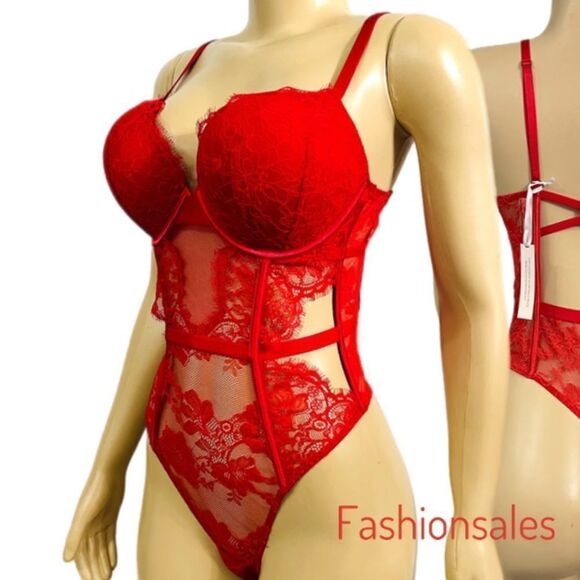 Victoria’s Secret Sexy Bombshell Push Up Adds 2 Cups Lace Teddy Bodysuit Red - Picture 2 of 10